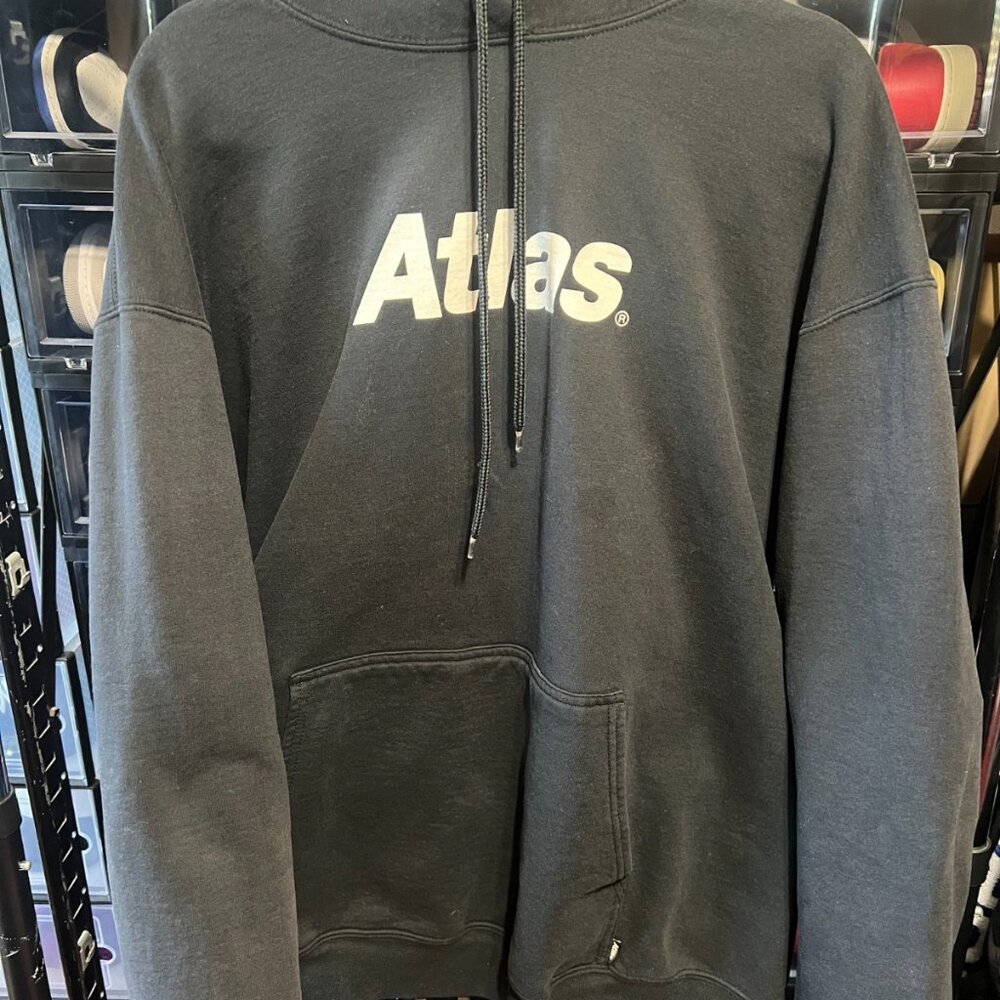 Atlas Skateboarding Logo Crewneck Hooded Sweatshirt Black Beater Hoody San Mateo